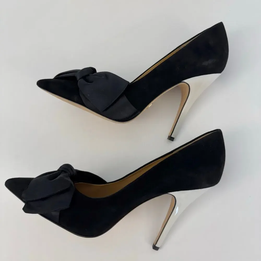 Tory Burch Bow Suede Pointed-Toe Pumps Black/White Shoes Heels 9M